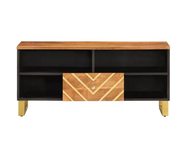 De Lujo Mueble de TV madera maciza mango marrón y negro 100x33,5x46 cm