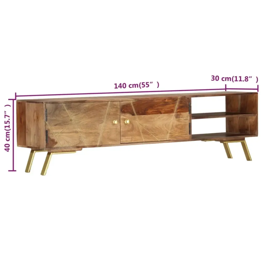 Mueble bajo de TV Saitama 2 puertas + 2 estantes madera de sheesham sin procesar 40x140x30 cm
