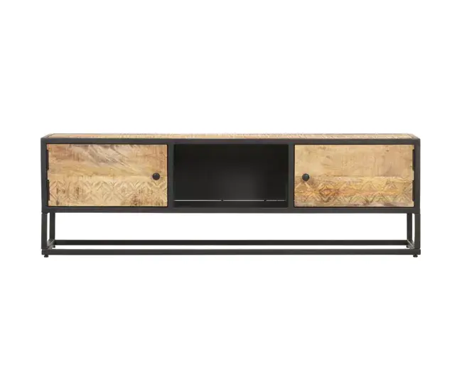 Mueble de TV puerta tallada madera de mango rugosa 130x30x40 cm Montaje Incluido