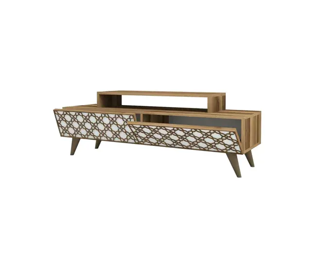 Mueble de televisión Dpierobo, Aparador de salón, Mueble bajo para TV, Base de pared equipada, 140x42h49 cm, Nogal y Blanco
