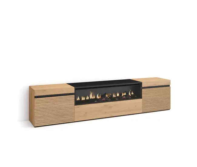 Skraut Home - Mueble TV | Televisión | Muebles de salón, almacenaje | 200x45x35cm | Para TV hasta 80" | Chimenea eléctr...
