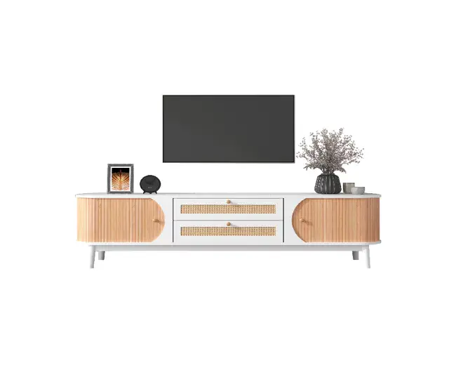 Vitrina Librerí Mueble TV de ratán 170cm de panel de partículas con 2 puertas correderas y 2 cajónes,blanco