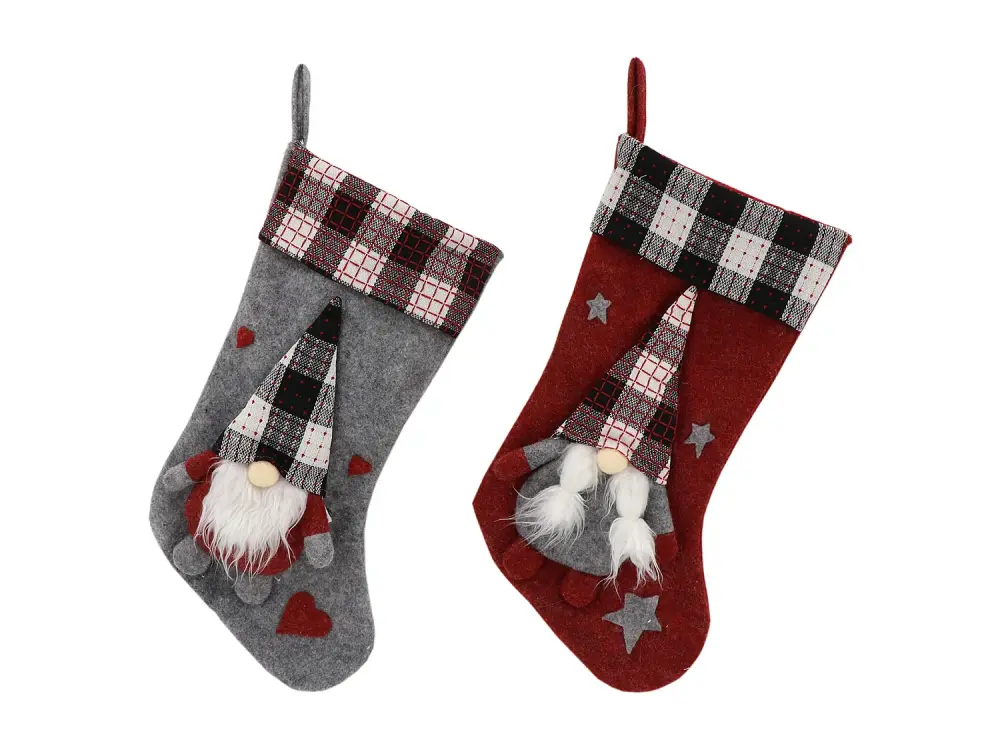 2 Medias de Navidad de tela roja y gris con gnomo elfo