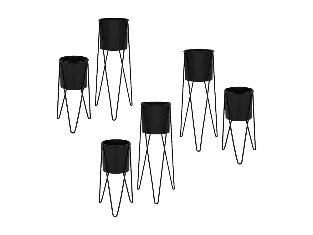 ML-Design set de 6 maceteros, negro, 27x27x48,5 cm/35,5x34x75 cm, de acero, estructura metálica, soporte para macetas 6 p...