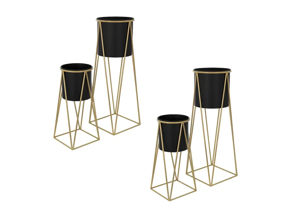 ML-Design set de 4 maceteros, negro-dorado, 21.8x22x47cm/25x25x71cm, acero, macetero con jardinera, soporte metálico para...