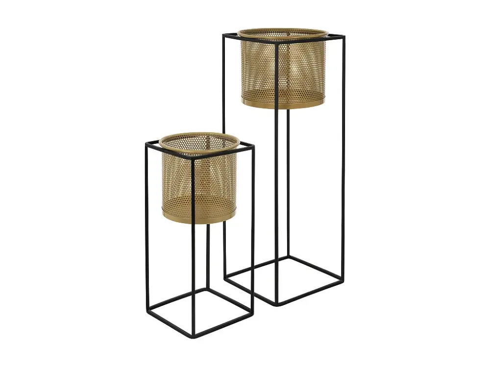 ML-Design set de 2 maceteros, negro-dorado, 21x21x47/25x25x71 cm, de acero, macetero con jardinera, macetero de metal, sop...