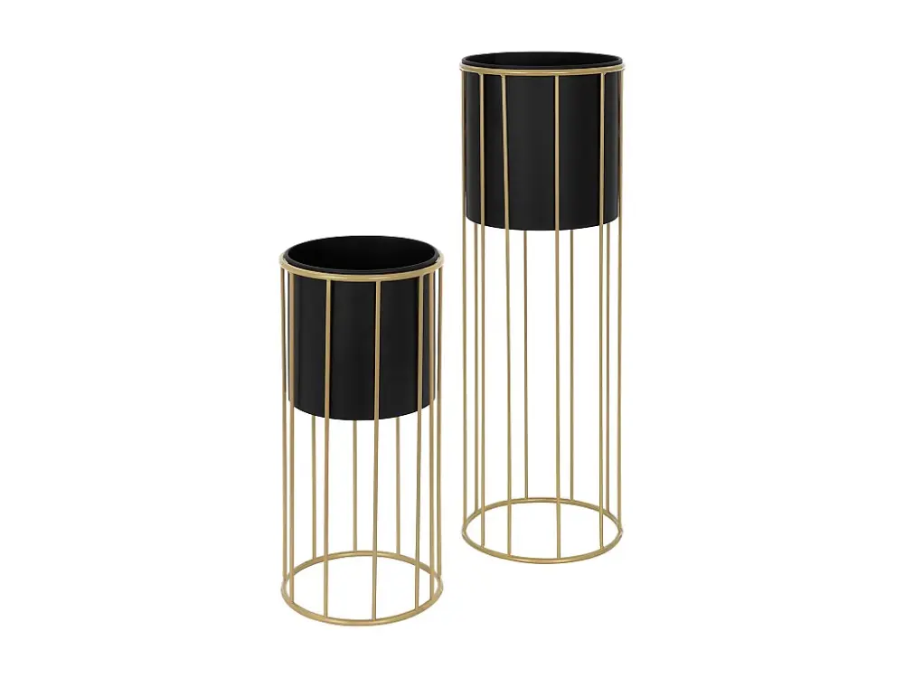 ML-Design set de 2 maceteros, negro-dorado, 21x46,7/24x70,5 cm, redondo, acero, macetero con jardinera, macetero de metal,...