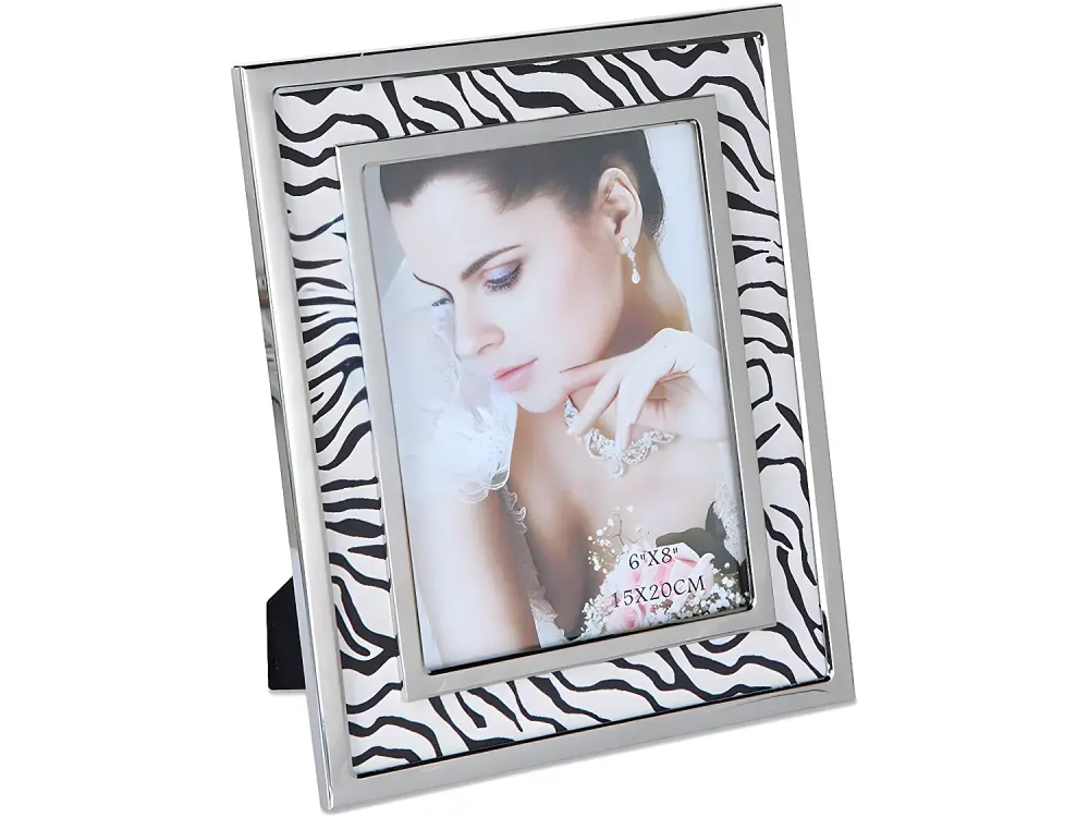 Portafoto 15*20 cebra blanco y negro metal plateado