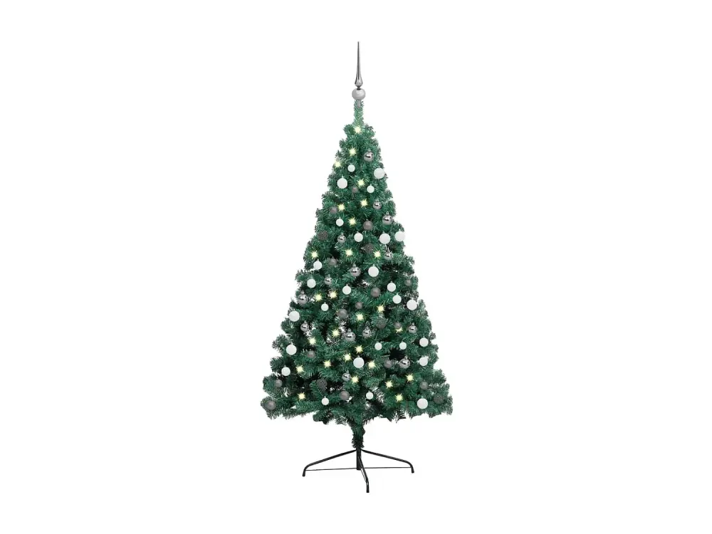 Árbol de Navidad artificial medio preiluminado y bolas verdes 150 cm