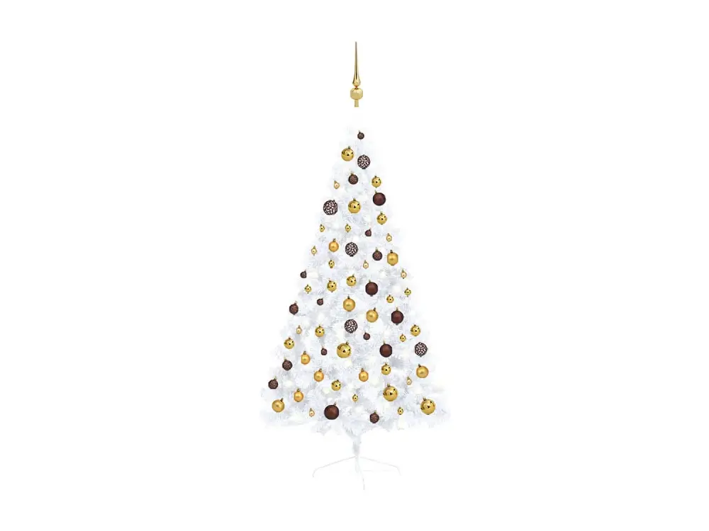 Árbol de Navidad artificial medio preiluminado y bolas blancas 150 cm