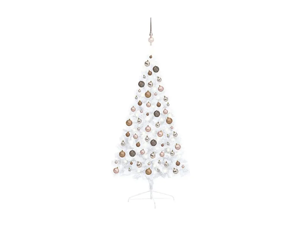 Árbol de Navidad artificial medio preiluminado y bolas blancas 120cm