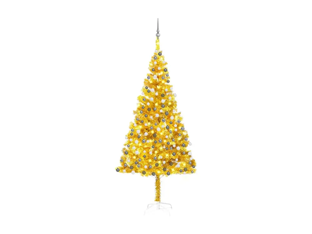 Árbol de Navidad artificial preiluminado y bolas doradas 210 cm PET
