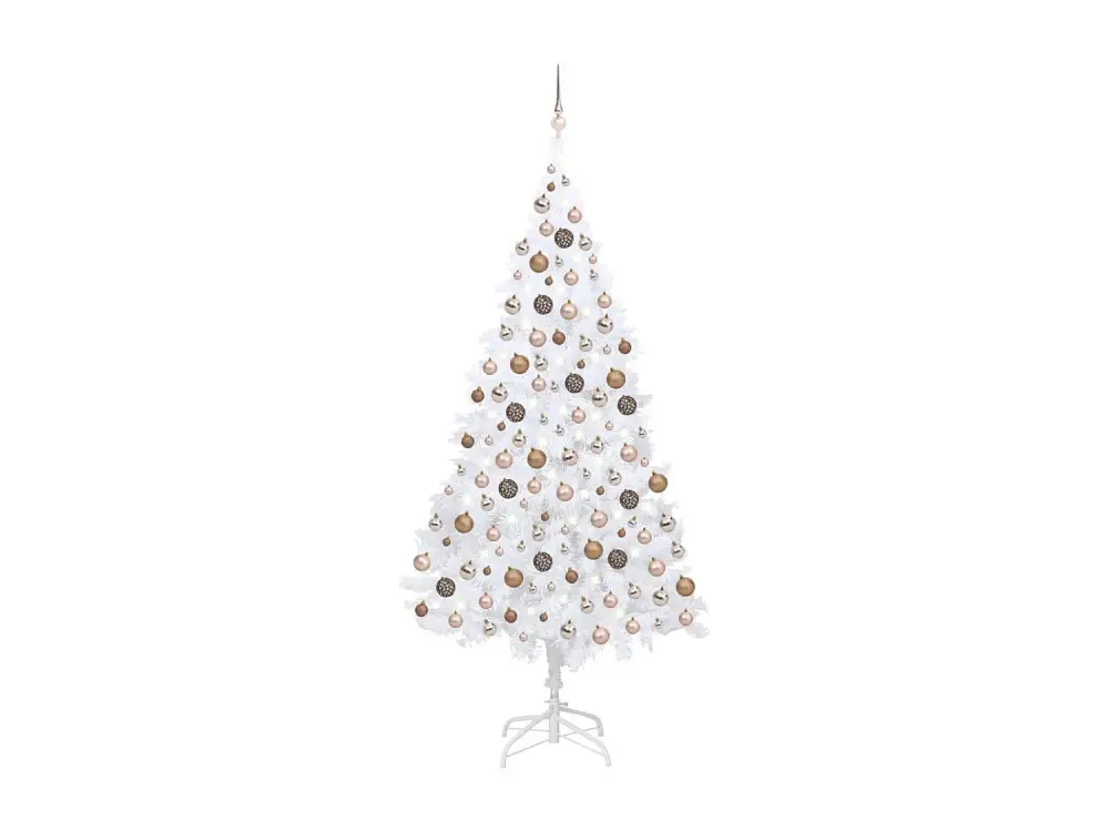 Árbol de Navidad artificial preiluminado y bolas de PVC blanco 210 cm