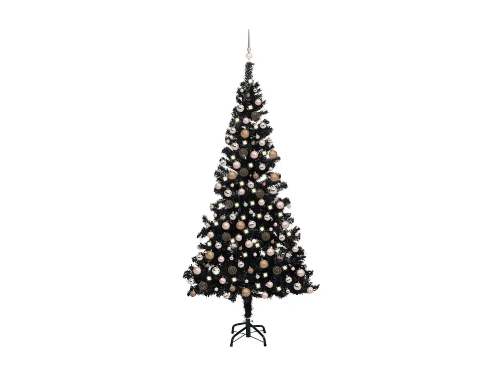 Árbol de Navidad artificial preiluminado y bolas de PVC negro 240 cm