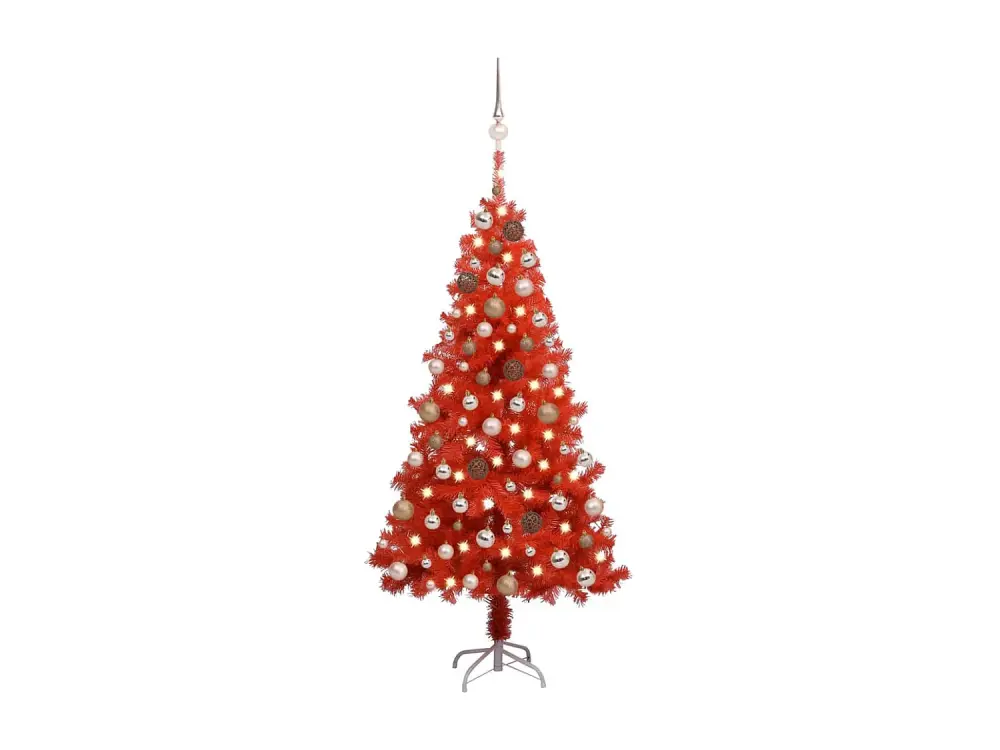 Árbol de Navidad artificial preiluminado y bolas rojas 150 cm PVC
