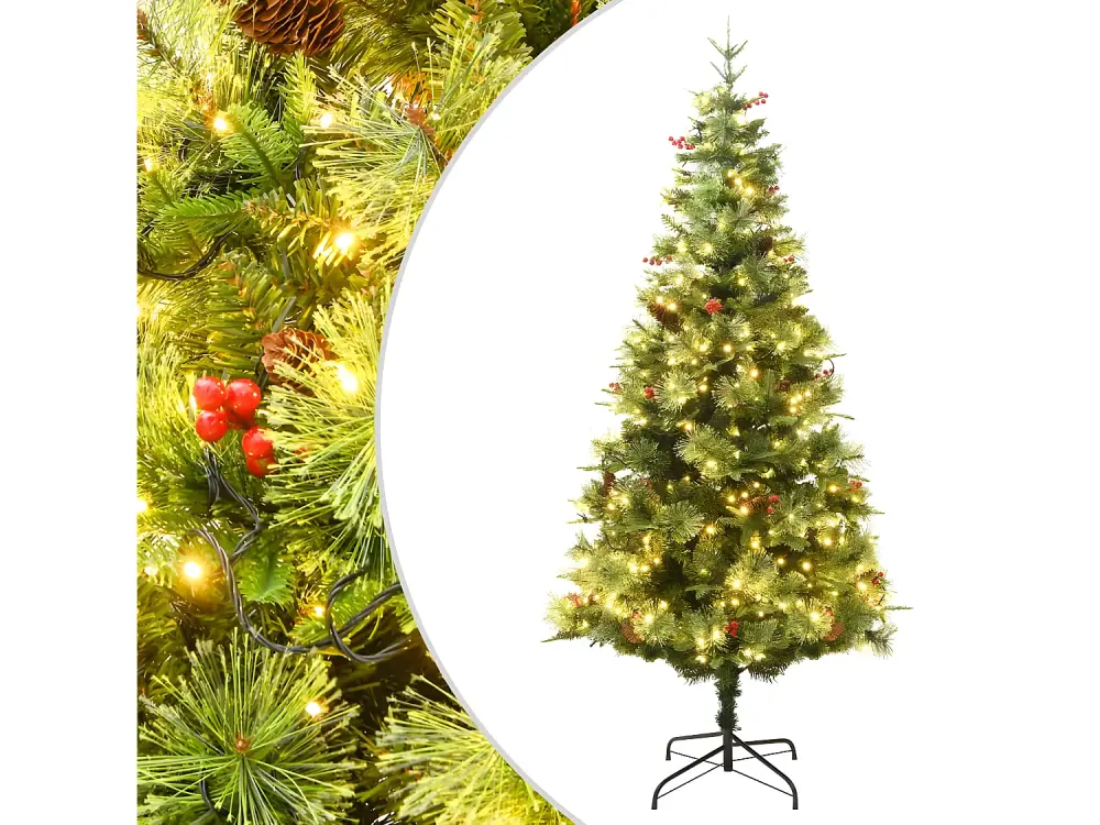 Árbol de Navidad preiluminado y piñas verdes 150cm PVC y PE