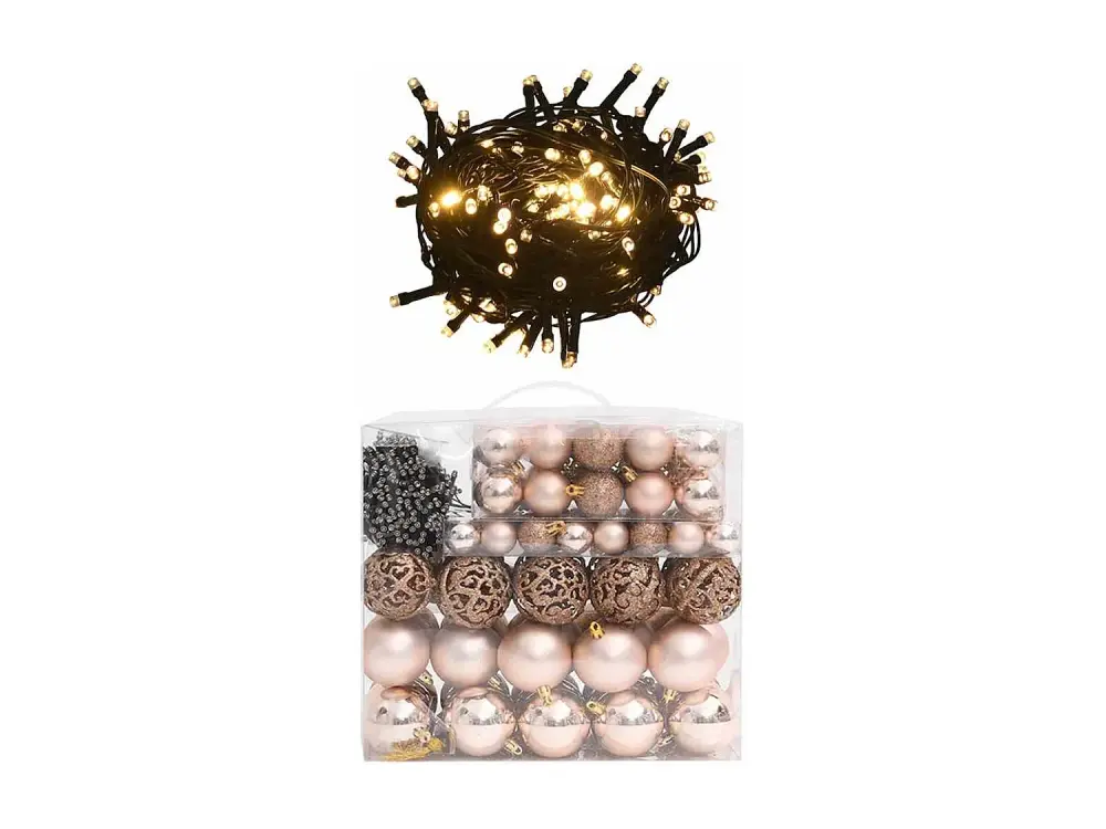 Set de bolas de Navidad 120 pzas con pico 300 LED oro rosa