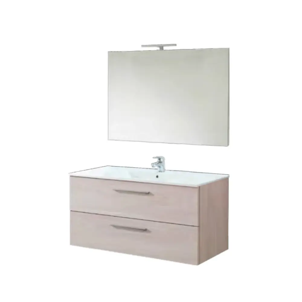 Mueble de baño suspendido con base, lavabo y espejo con Led modelo Clara 105 - Olmo Blanco