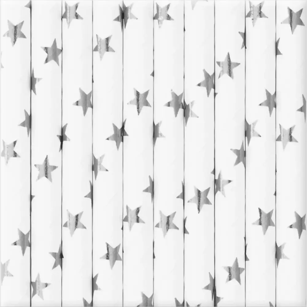 Pajitas blancas con estrellas plateadas 10 uds.