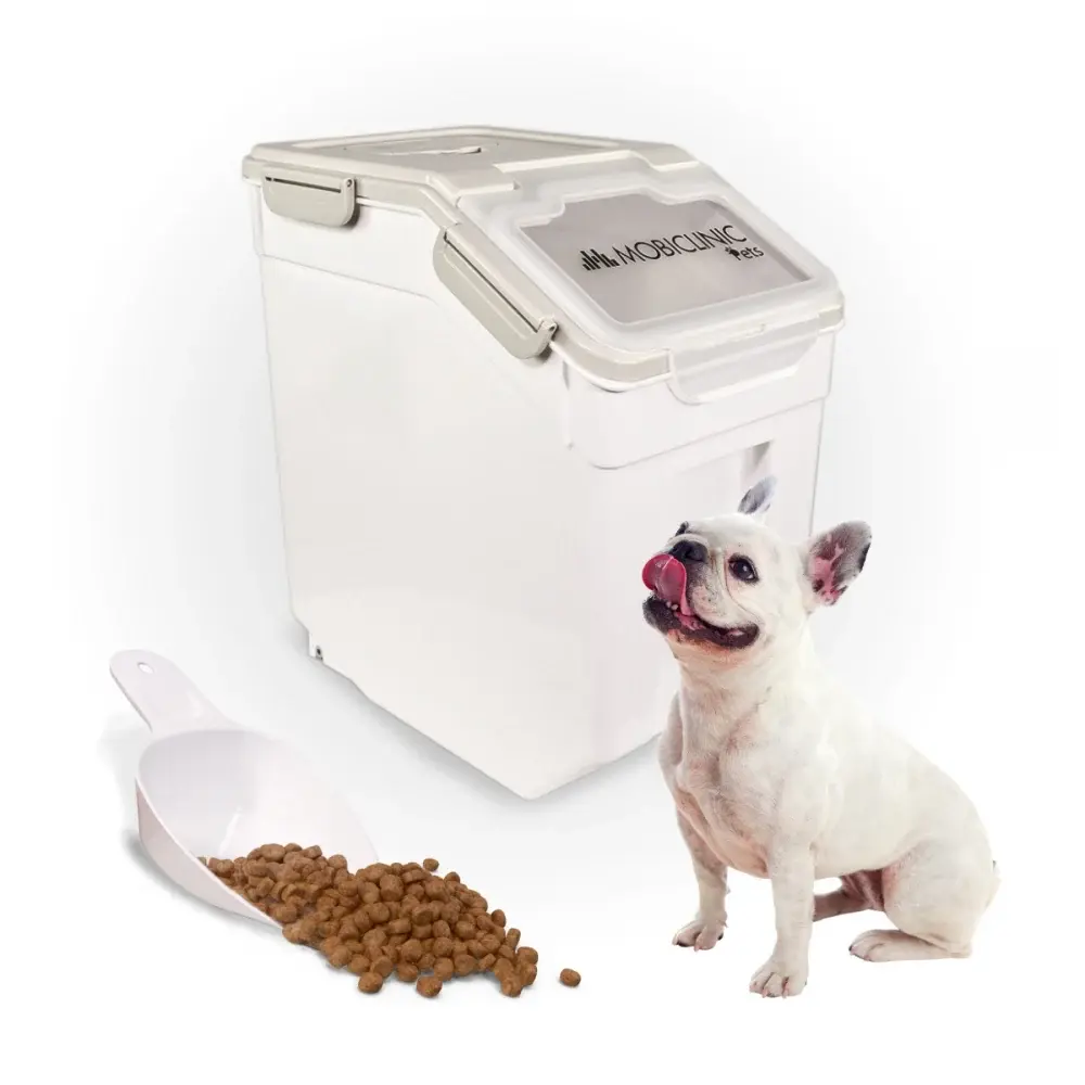 Contenedor de pienso | 8 Kg - 20 L | Cierre hermético | Con ruedas | Dispone de pala y medidor | Blanco | FeedPet | Mobic...