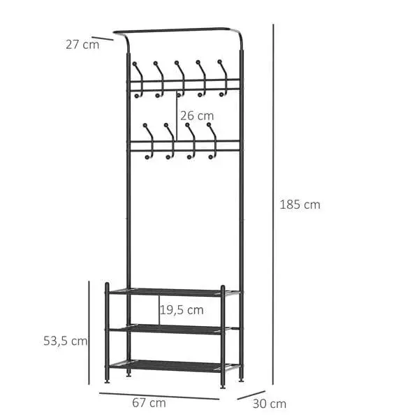 Colgador Multiusos Perchero de pie Homcom 18 ganchos 3 estantes negro 185x67x30 cm