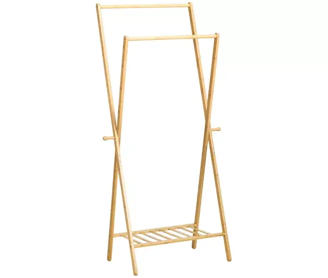 HOMCOM Perchero de Pie de Bambú Perchero con Estante para Zapatos Colgador de Ropa con 2 Barras y 2 Ganchos para Colgar p...