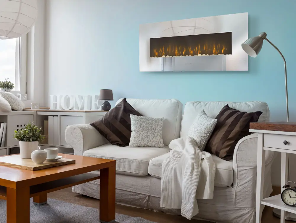 Chimenea Eléctrica mural 2000W diseño panorámico en cristal templado efecto espejo con mando distancia