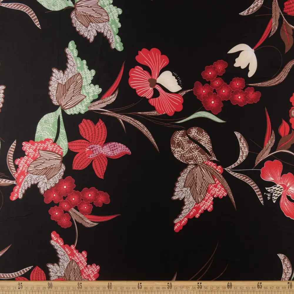 SATEN ESTAMPADO NEGRO METEORITO FLORES Y HOJAS Hecho Mano