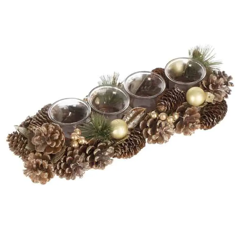 Accesorio Navideño Brillante Portavelas para 4 Velas con Piñas Doradas 39x15x9cm