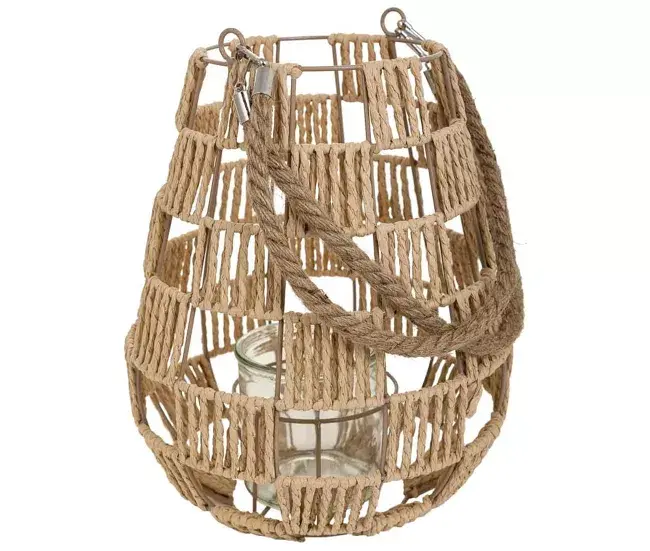 Farol portavelas de acero y cuerda de papel 30x25x25 cm