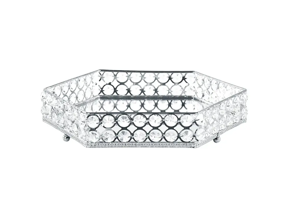 Bandeja Decorativa Glamour con Cristal y Pedrerí, Metal Plateado, 28x25 cm