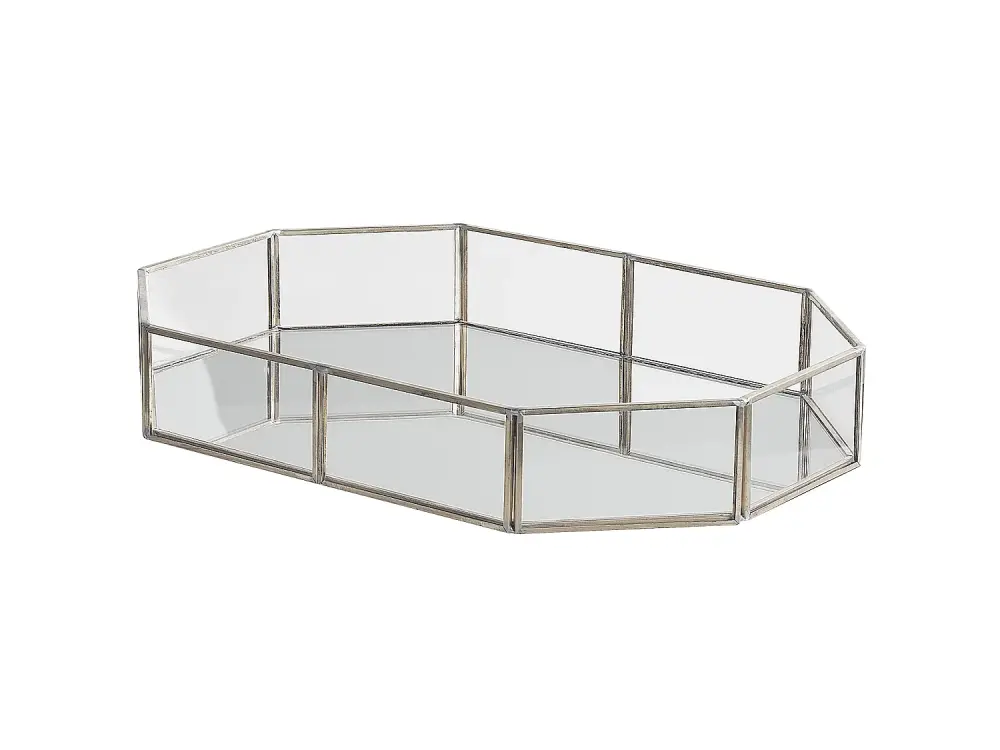 Bandeja Decorativa Octogonal con Base de Espejo, Borde Metálico, 32x22 cm