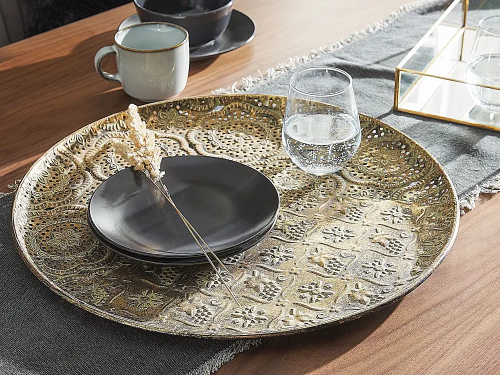 Bandeja Decorativa Redonda de Metal Dorado, Diseño Floral Vintage, Ø 49 cm