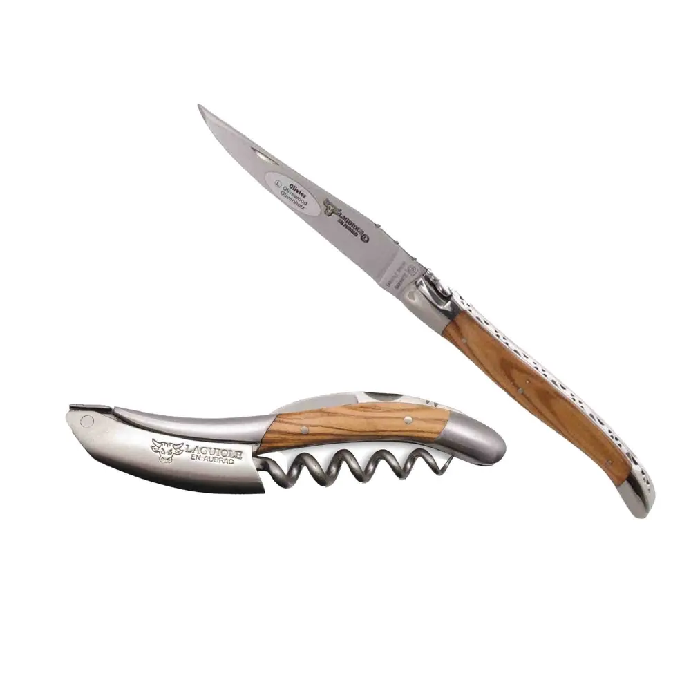 Laguiole en Aubrac 2-Piece Sommelier Waiter's Corkscrew and Elaborado mano Plate Multipurpose Knife Olivewood Handle Set