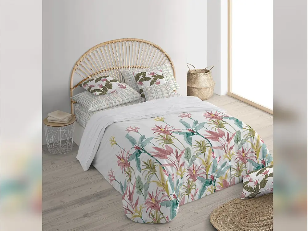 Funda nórdica cierre botón 100% algodón blanco motivos florales