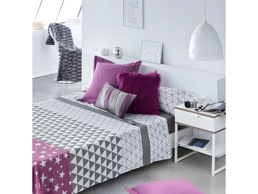 Juego de sábanas TRIANGLE algodón poliéster gris y morado Cama 200