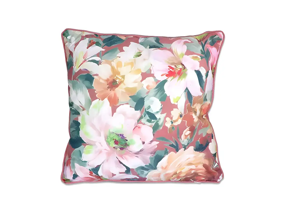 Cojin con relleno estampado en flores tipo ingles en tono teja camilla