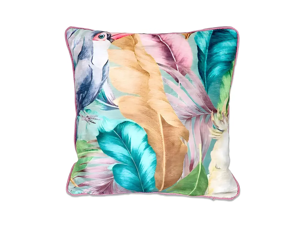 Cojin con relleno estampado de hojas de palma multicolor con ribete malva eva