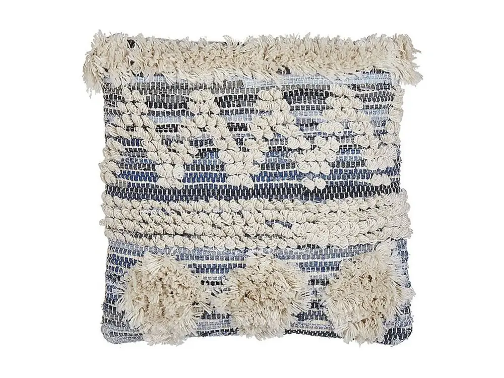 Cojín Decorativo Boho de Algodón Azul con Flecos, Hecho Mano, 45x45 cm