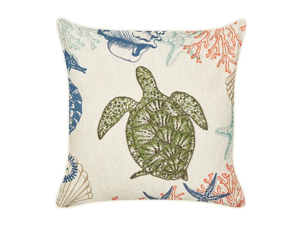 Cojín de lino beige motivo tortuga 45 x 45 cm ALGAE