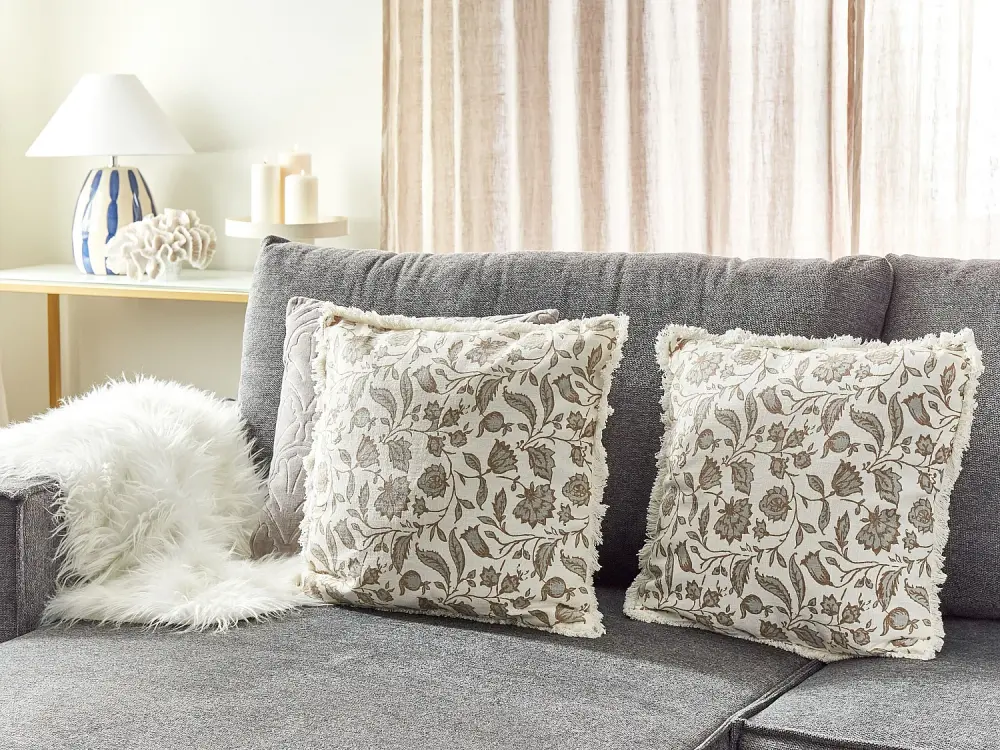 Conjunto de 2 cojines de algodón blanco y gris motivo floral 45 x 45 cm LIVISTONA