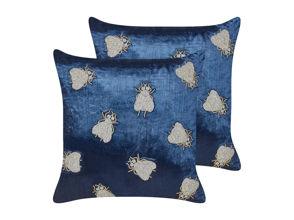 Conjunto de 2 cojines decorativos de terciopelo con patrón de moscas azul marino 45 x 45 cm PENTAS