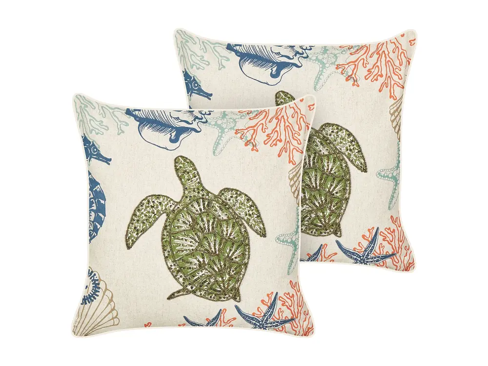 Conjunto de 2 cojines de lino beige motivo tortuga 45 x 45 cm ALGAE