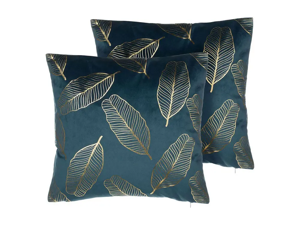 Set de 2 Cojines Decorativos de Terciopelo Azul con Hojas Doradas, 45x45 cm