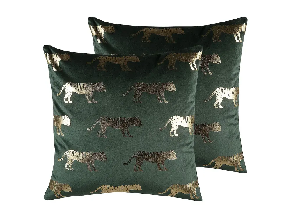 Set de 2 Cojines Decorativos de Terciopelo Verde con Estampado de Tigre, 45x45 cm