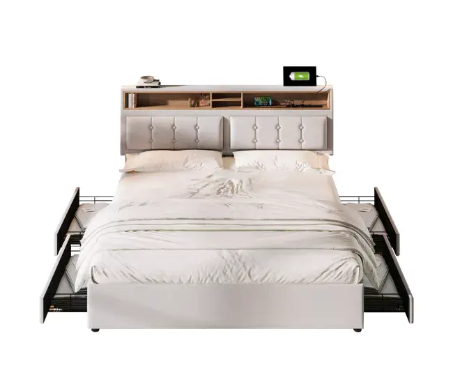 Cama de matrimonio de lino 140x200cm con 4 cajónes,puerto usb,tipo c y cabecera de altura ajustable,beige