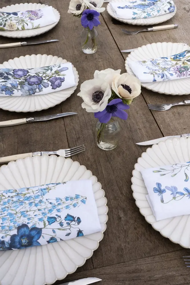 Set 6 Servilletas De Lino Con Diseño De Flores Azules Lavable Máquina