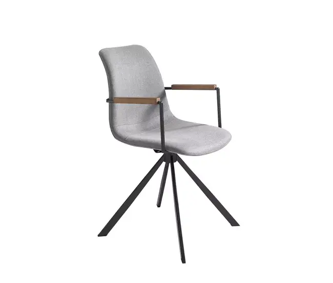 Silla giratoria tapizada en tela con patas de acero negro y reposabrazos en mader nogal. con Cajones Suaves