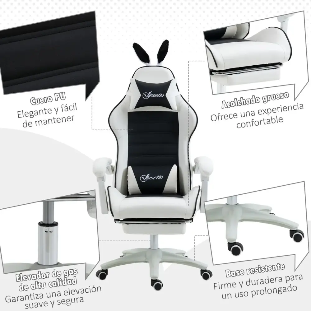 Silla gaming Rabbit Vinsetto reclinable + reposapiés retráctil + orejas de conejo blanco/negro 136-142x63x63 cm