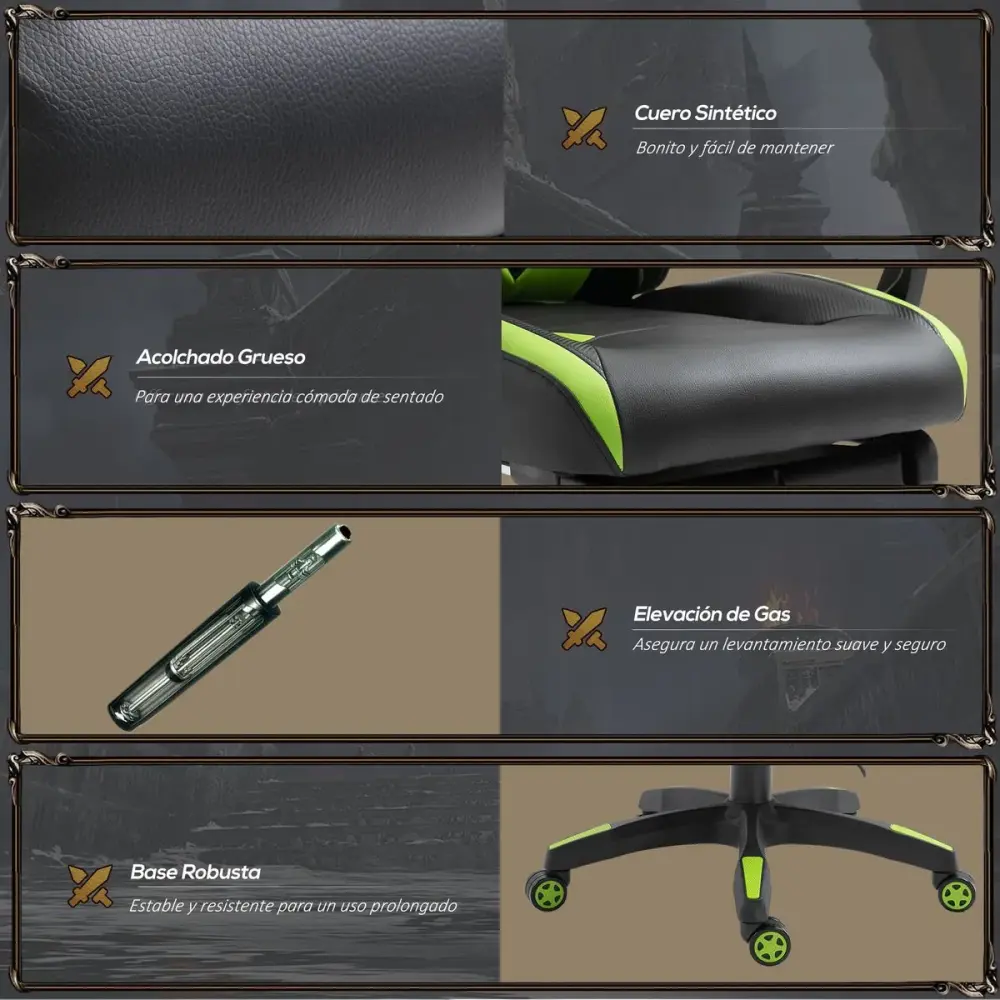 Silla gaming Thor Vinsetto reposapiés retráctil + cojín lumbar negro/verde 117-125x65x70 cm